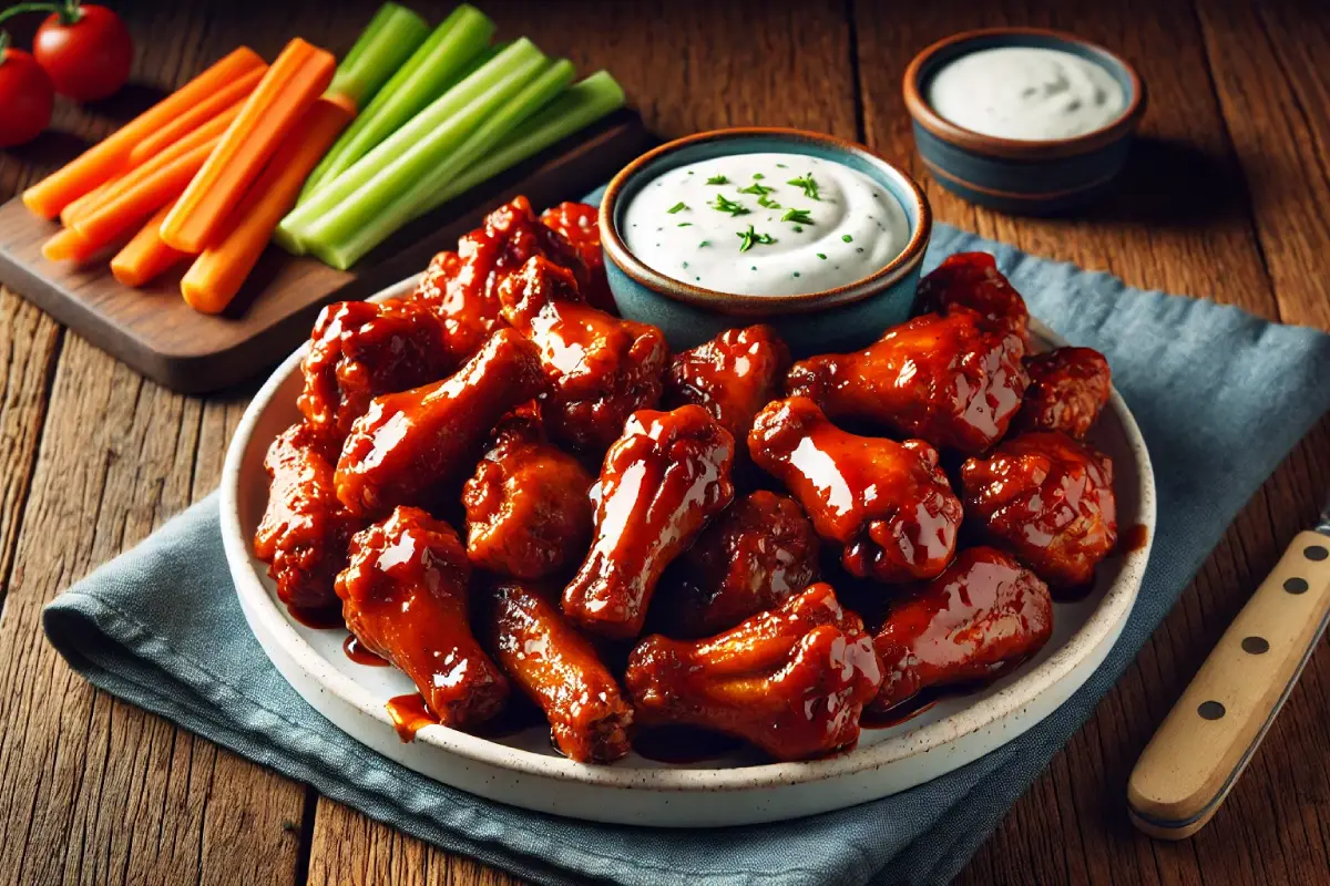 A plate of boneless wings coated in a glossy sauce, accompanied by carrot and celery sticks, and a small bowl of ranch dressing, all placed on a rustic wooden table.