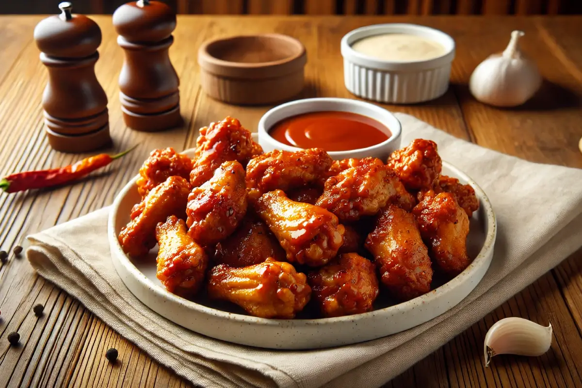 A close-up of boneless chicken pieces being dipped into a bowl of smooth, homogeneous milk, with a wooden countertop in the background.