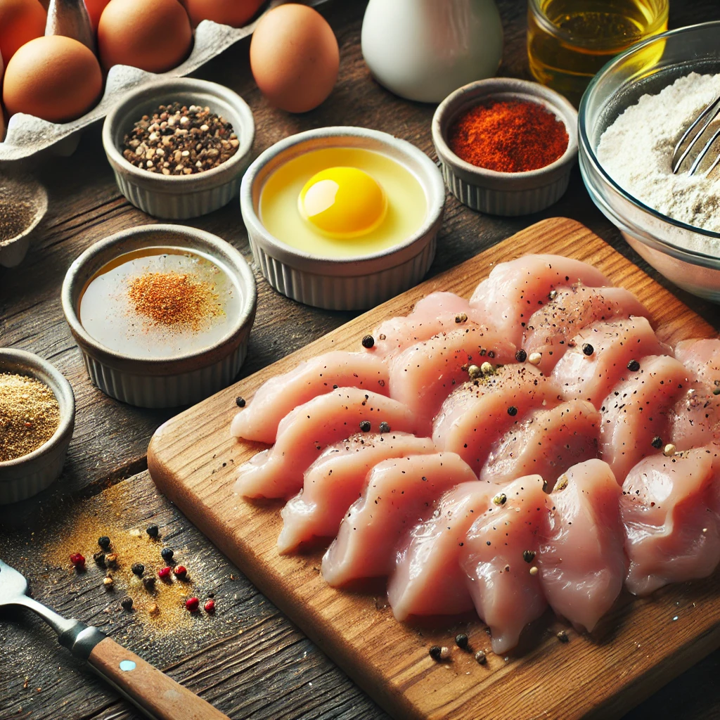 Chicken breast cut into small, bite-sized pieces on a cutting board, surrounded by bowls containing whisked egg and milk, and a flour seasoning mix with spices, all set on a wooden countertop