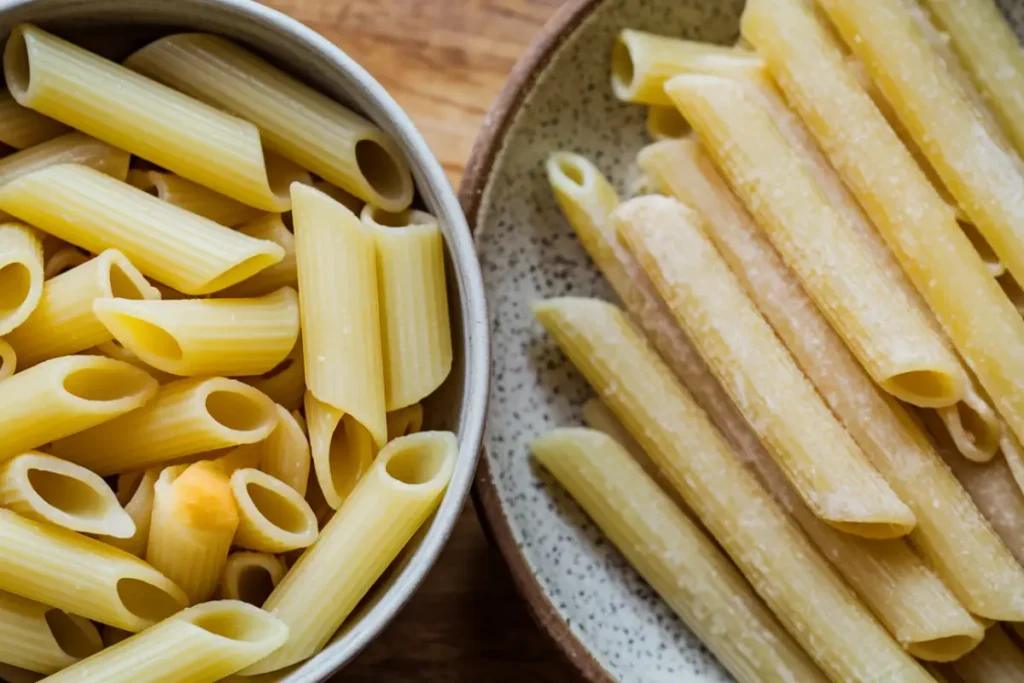 Two bowls side by side, one filled with penne and the other with a different type of pasta.