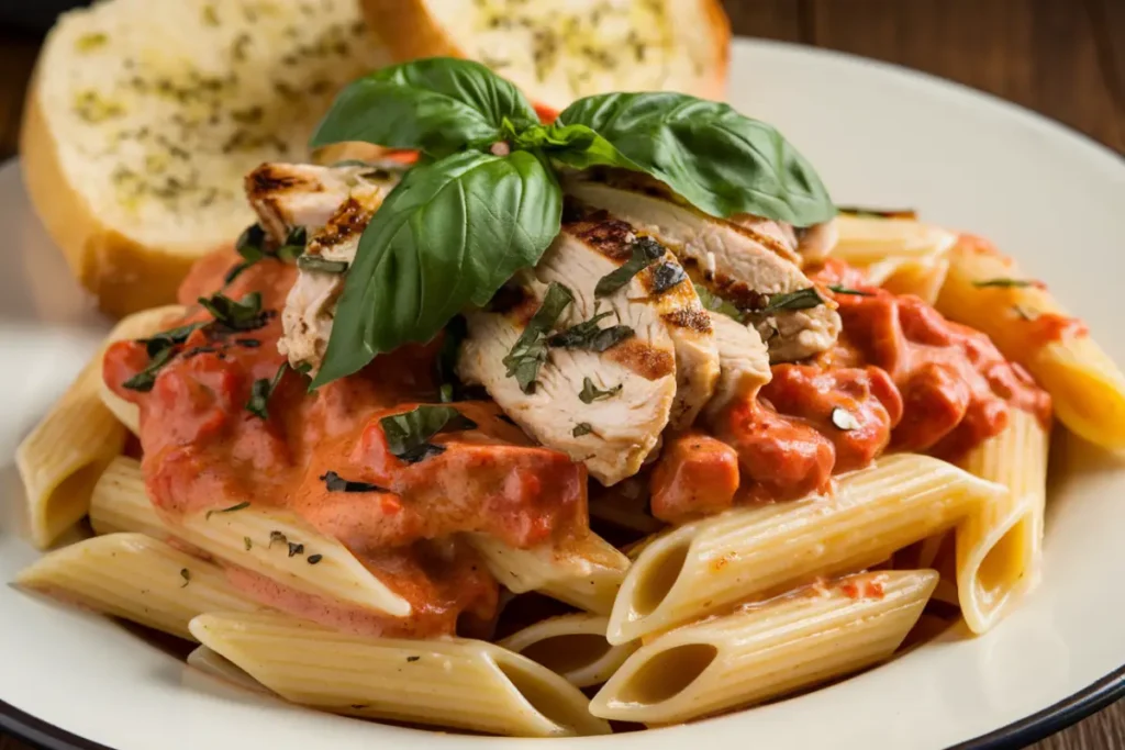 A bowl of cooked penne pasta with a light tomato sauce, garnished with fresh basil leaves.