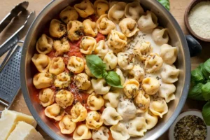 A close-up image of two types of Italian stuffed pasta, tortellini, and tortelloni, displayed on a wooden surface. Tortellini is smaller and ring-shaped, while tortelloni is larger with a similar shape but more pronounced folds. Both types of pasta showcase their distinct sizes and fillings, highlighting the key differences between them.