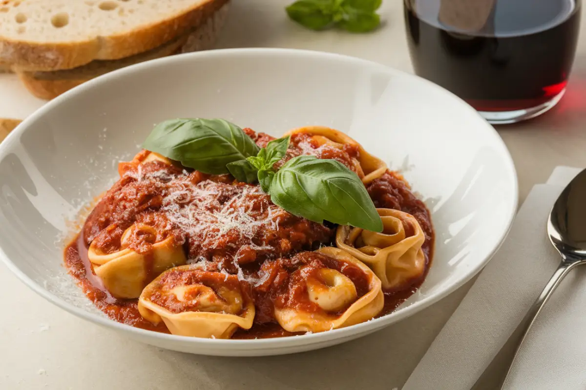 A plate of Italian tortellini served in broth with fresh herbs, showcasing traditional Italian cuisine.