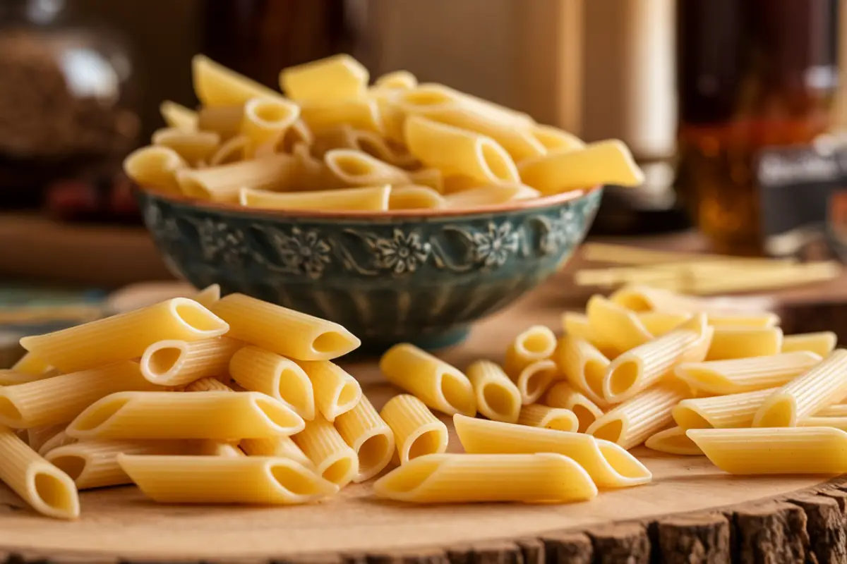 Bowl filled with penne pasta on a wood tree trunk with additional pasta scattered around the trunk.