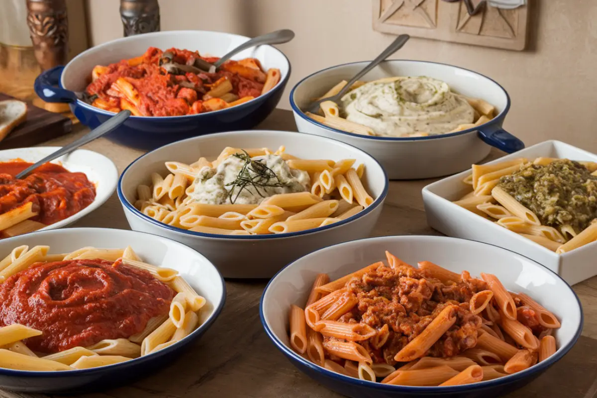 dishes of penne pasta on the same table, each served with a different sauce: Marinara, Arrabbiata, Alfredo, Creamy Garlic, and Pesto