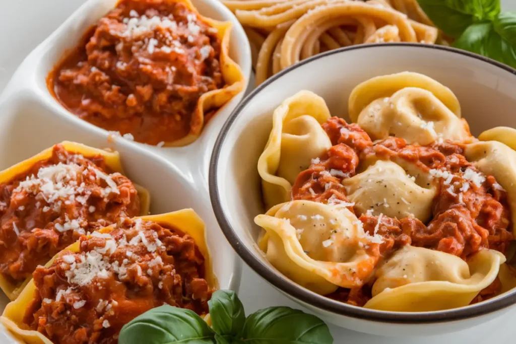 A close-up of freshly made tortellini on a wooden surface, showcasing their ring shape and the various fillings inside, including meat, cheese, and vegetables.