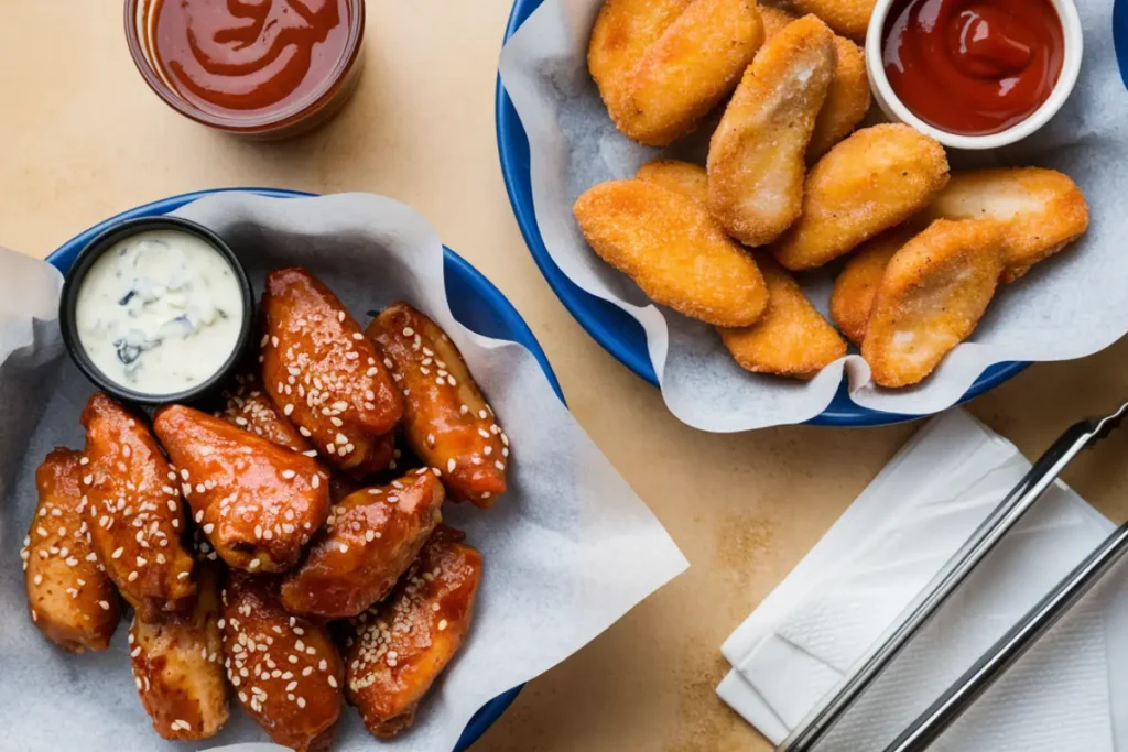 A plate of boneless chicken wings coated in spicy sauce with sesame seeds and a side of blue cheese dressing, next to a dish of golden brown chicken nuggets with ketchup.