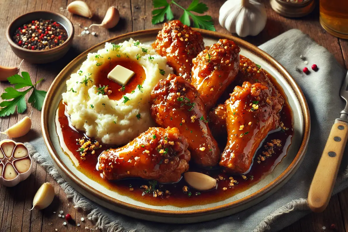 Best meat for boneless wings coated in honey-garlic sauce, served with creamy mashed potatoes and fresh herbs on a rustic wooden table.