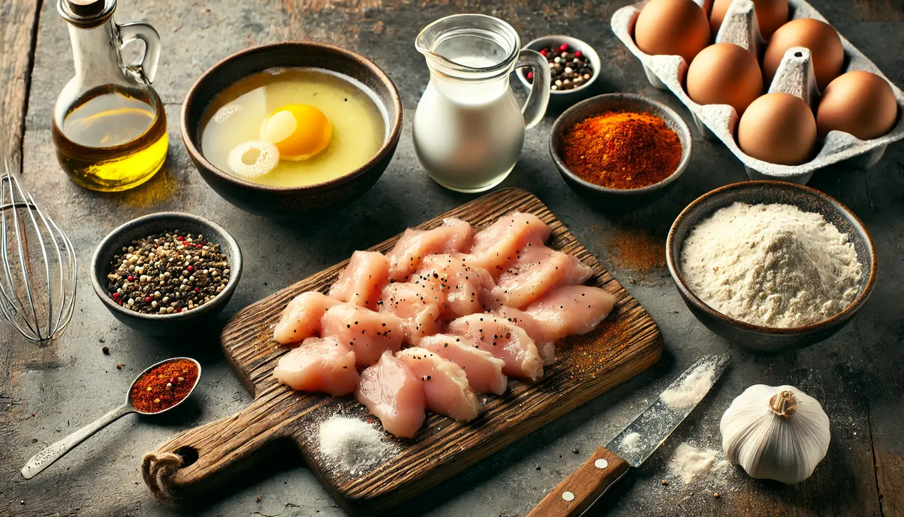 Chicken breast cut into bite-sized pieces on a cutting board, with nearby bowls of smooth milk and seasoned flour on a wooden countertop.