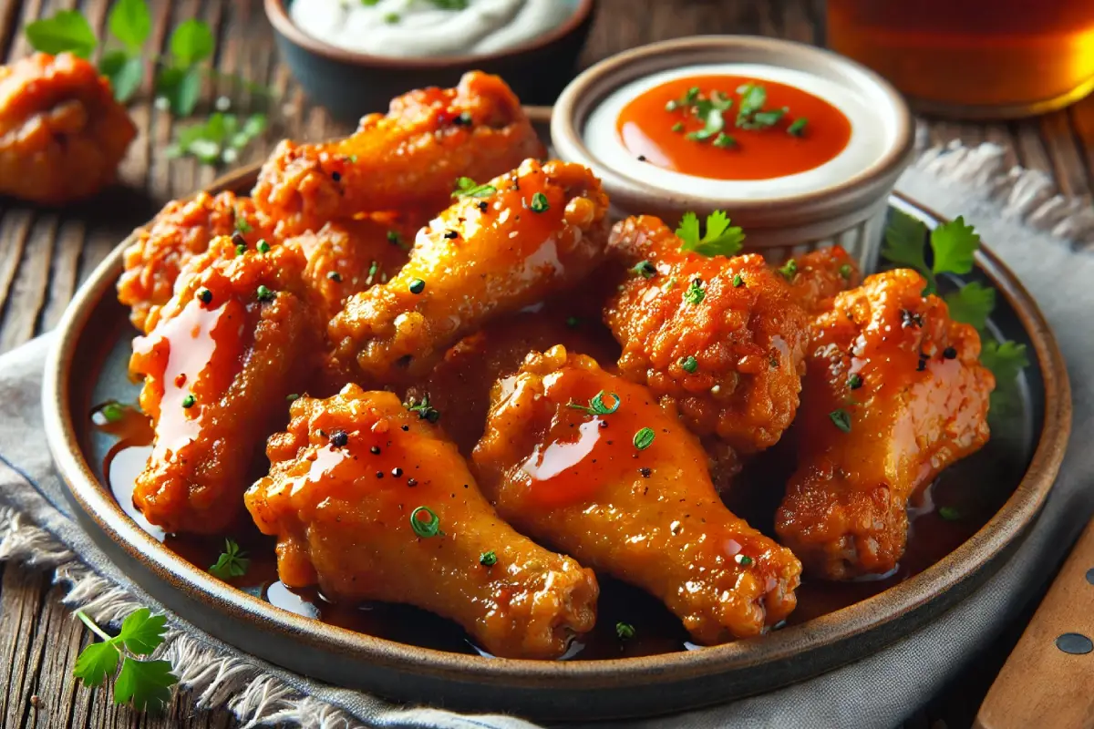 Close-up of golden, crispy boneless chicken wings drizzled with tangy buffalo sauce, garnished with fresh herbs, and served with a creamy dipping sauce on a rustic wooden table.