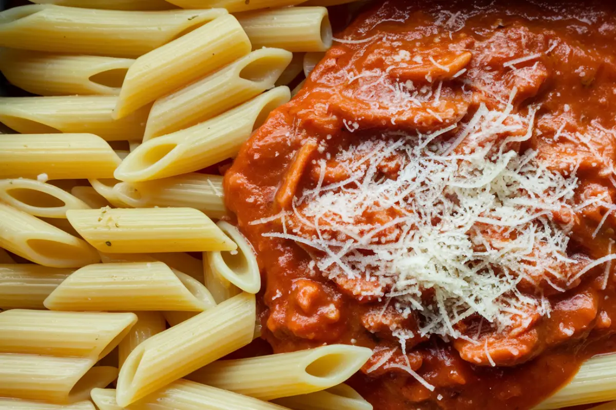 Penne pasta topped with tomato sauce and melted cheese.