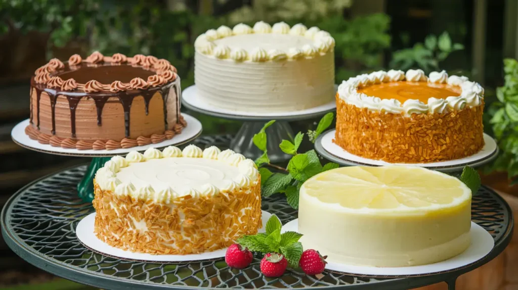 1. Chocolate Cake with Coffee or Mayonnaise 2. Vanilla Cake with Sour Cream 3. Carrot Cake with Applesauce 4. Lemon Cake with Greek Yogurt 4 cakes on the top of a garden table