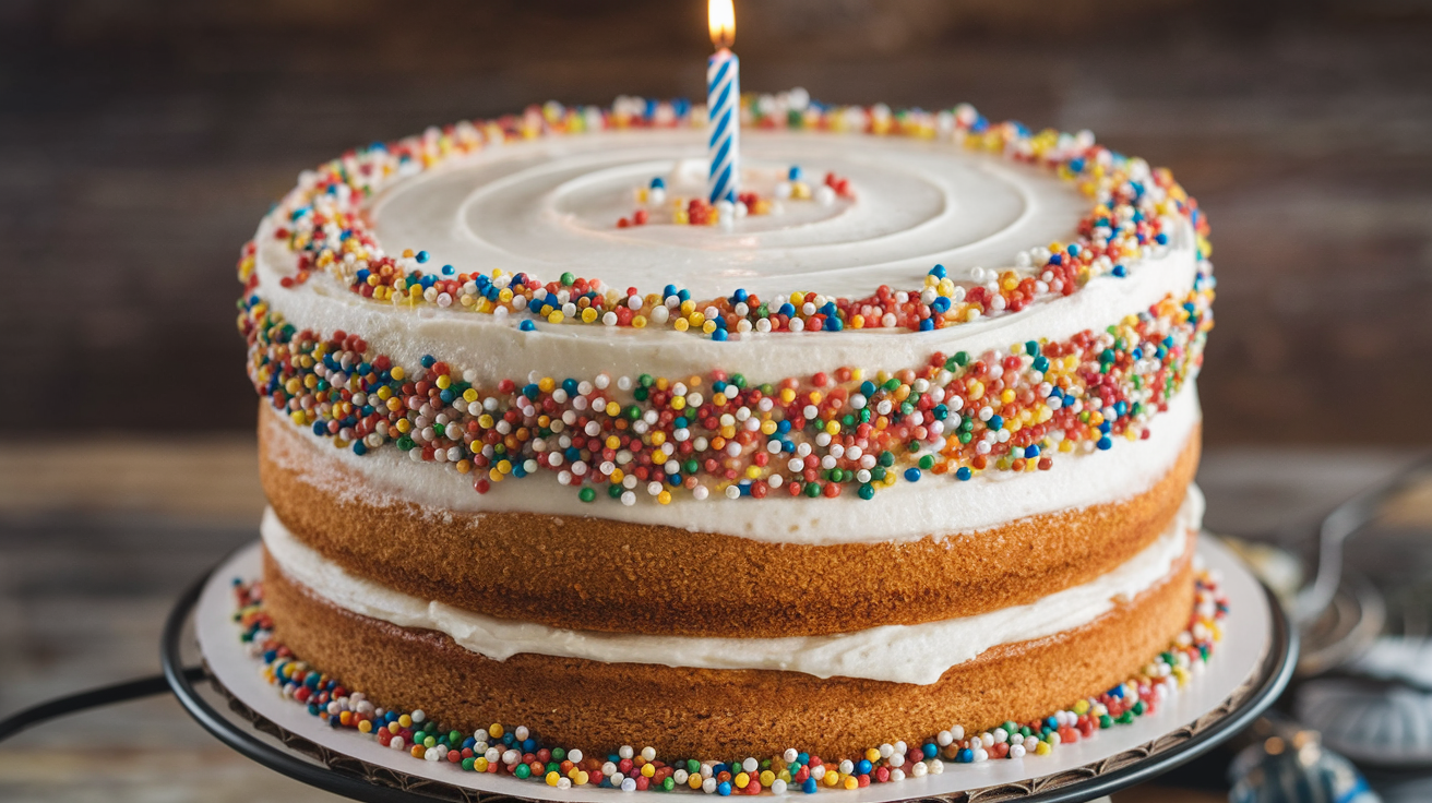 A classic birthday cake with white frosting, colorful sprinkles, and lit candles on top.