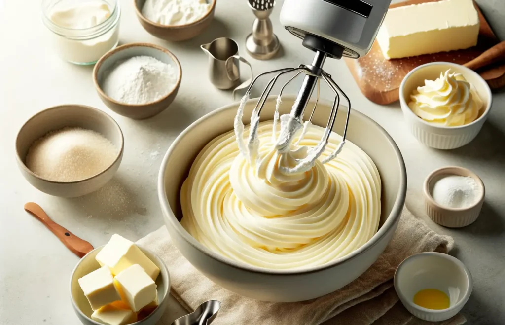 vanilla buttercream being mixed in a bowl