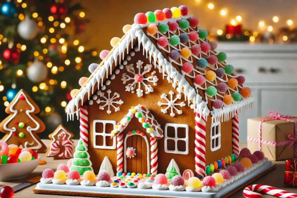 A fully assembled gingerbread house with royal icing holding the walls and roof together. The house is decorated with colorful candies, gumdrops