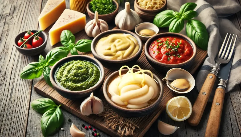 A set of small bowls, each containing a different sauce_ pesto, Alfredo, marinara, and clam sauce. The sauces are arranged in an elegant, appetizing d