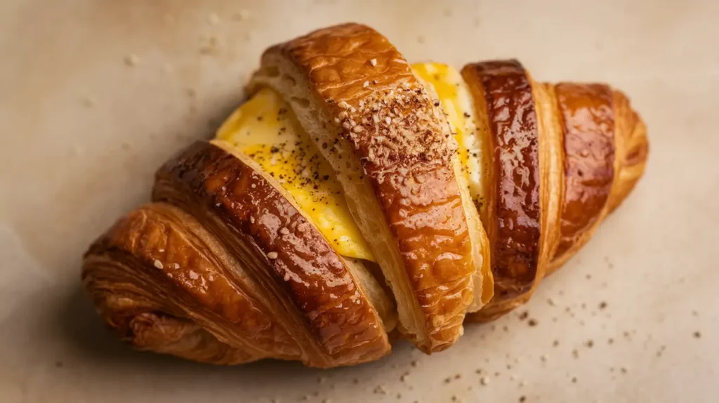 A golden croissant filled with creamy scrambled eggs, topped with seasoning, served on a light background.