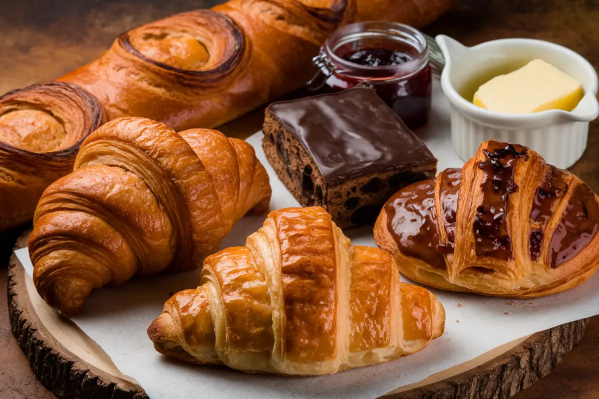 A variety of French pastries including croissants, pain au chocolat, and a chocolate dessert square, displayed with butter and jam on a rustic wooden board.