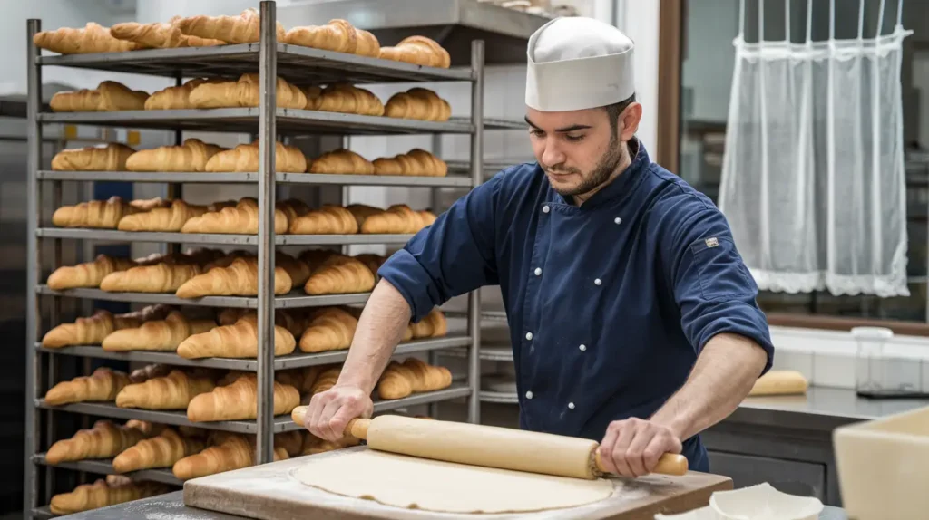 Baker in a white hat and blue uniform rolling out croissant dough with racks of freshly baked croissants in the background