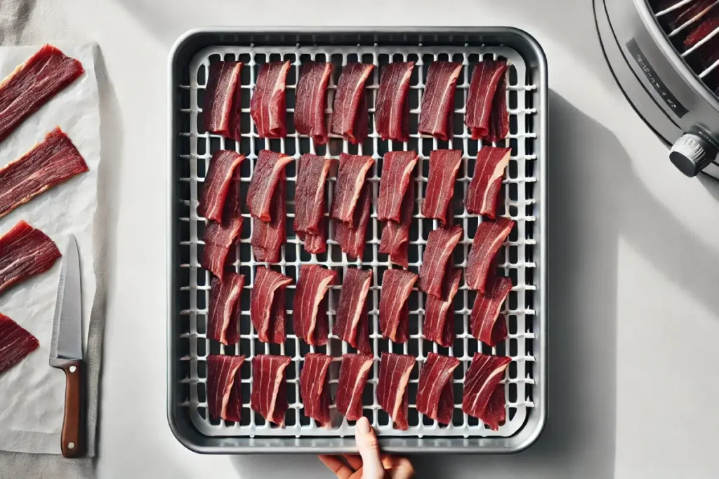 Thin slices of beef evenly arranged on a dehydrator tray, ready for the drying process. The tray is clean, and the beef strips are spaced out for proper airflow during dehydration.