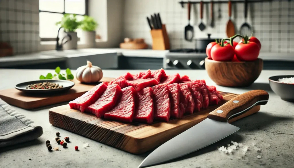 Beef strips laid out in uniform ¼-inch slices on a wooden cutting board, ready for cooking. A sharp kitchen knife is nearby, with the background showi