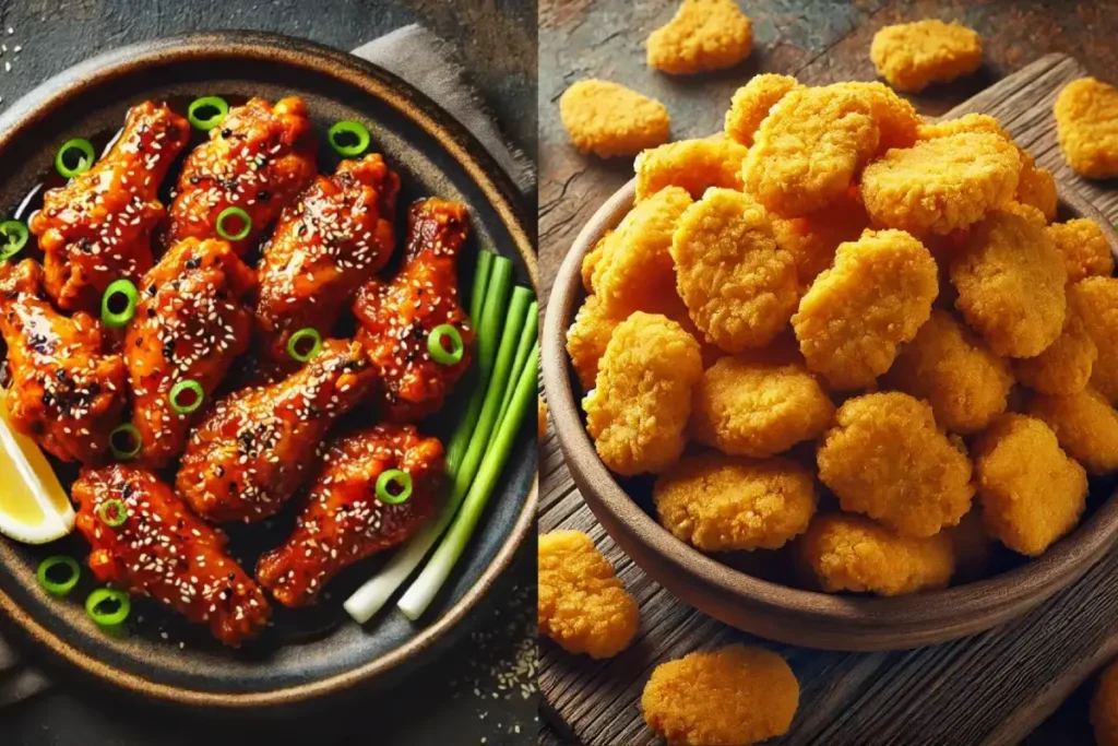 A side-by-side comparison of boneless wings coated in spicy orange sauce with sesame seeds and green onions on the left, and a pile of golden chicken nuggets in a bowl on the right.