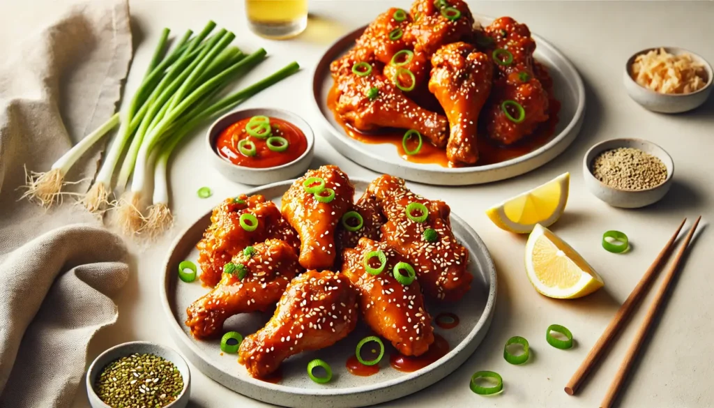 Two plates of chicken wings, one with boneless wings and the other with bone-in wings, both coated in spicy orange sauce, sprinkled with sesame seeds, and served with green onions and a lemon wedge.