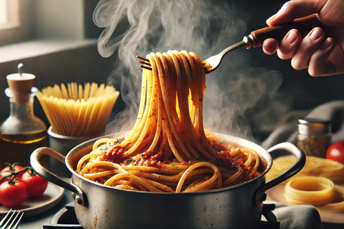 A serving of bucatini being lifted from a pot with a fork, coated in a rich sauce, with steam rising in a cozy kitchen setting.