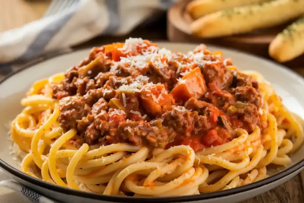 A plate of Bucatini pasta topped with hearty meat Bolognese sauce and grated Parmesan cheese, served with breadsticks in the background.