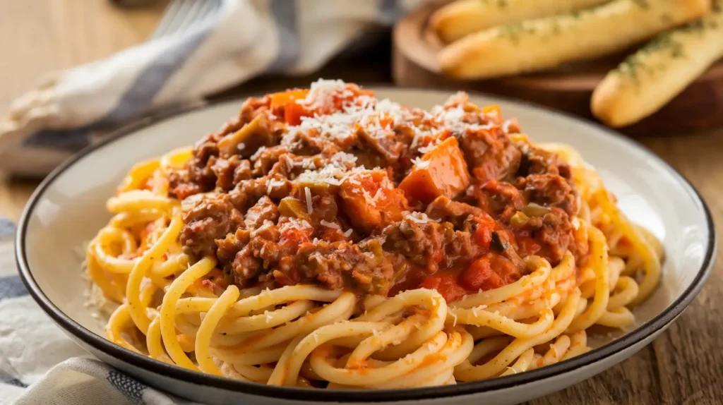 A plate of Bucatini pasta topped with hearty meat Bolognese sauce and grated Parmesan cheese, served with breadsticks in the background.