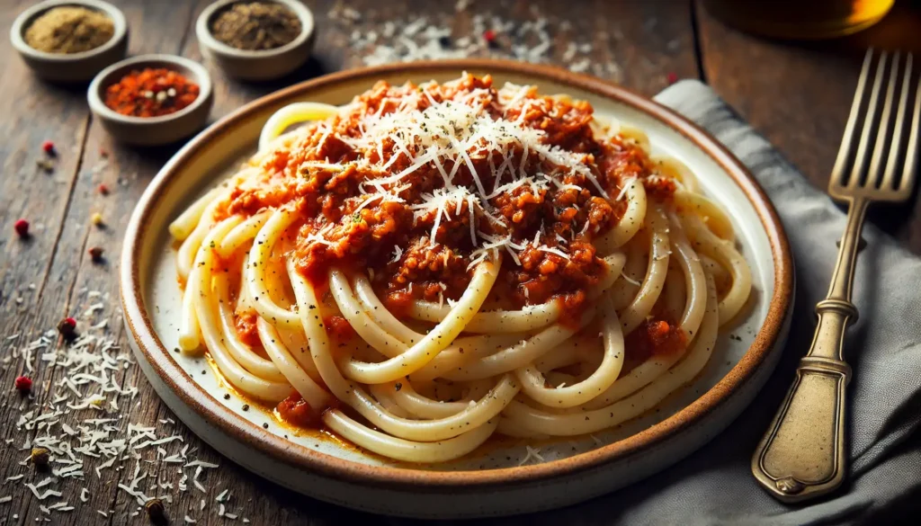 A plate of cooked bucatini topped with rich Amatriciana or Bolognese sauce, garnished with grated cheese and black pepper on a rustic table.