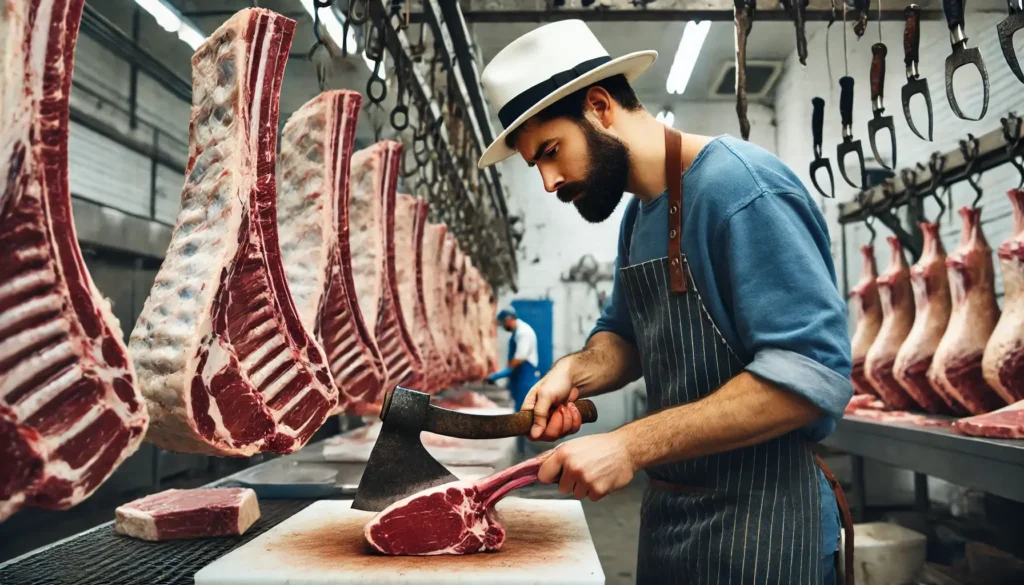 A butcher in a white hat and blue shirt cuts tomahawk steaks from a cow rib in a meat processing area with hanging meat.