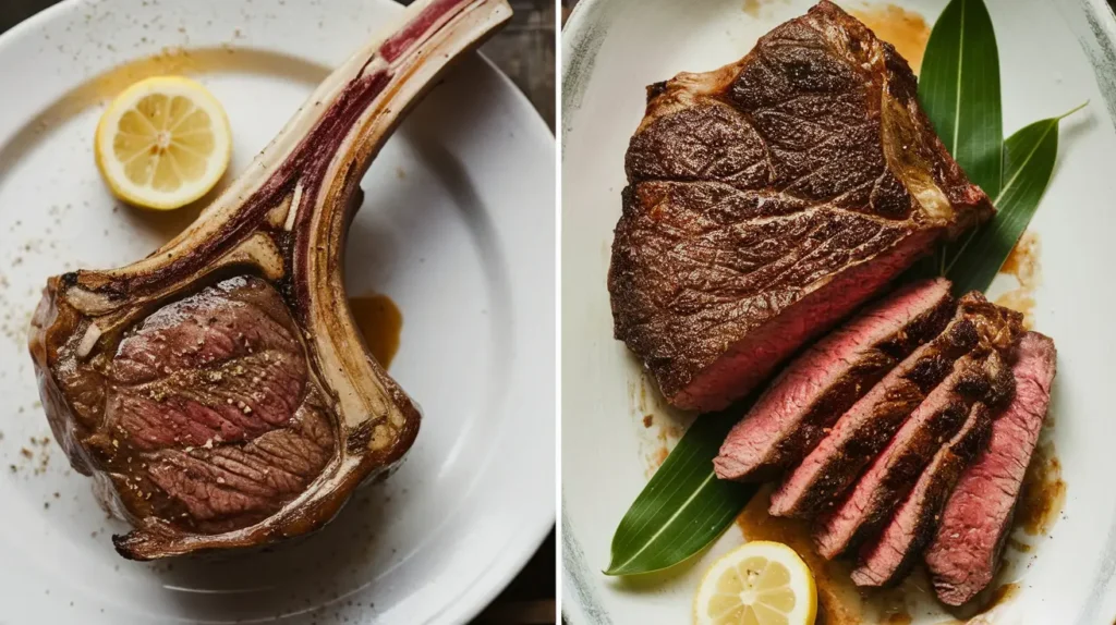 Two dishes showcasing a whole cooked tomahawk steak with lemon and a sliced ribeye steak served on white plates.