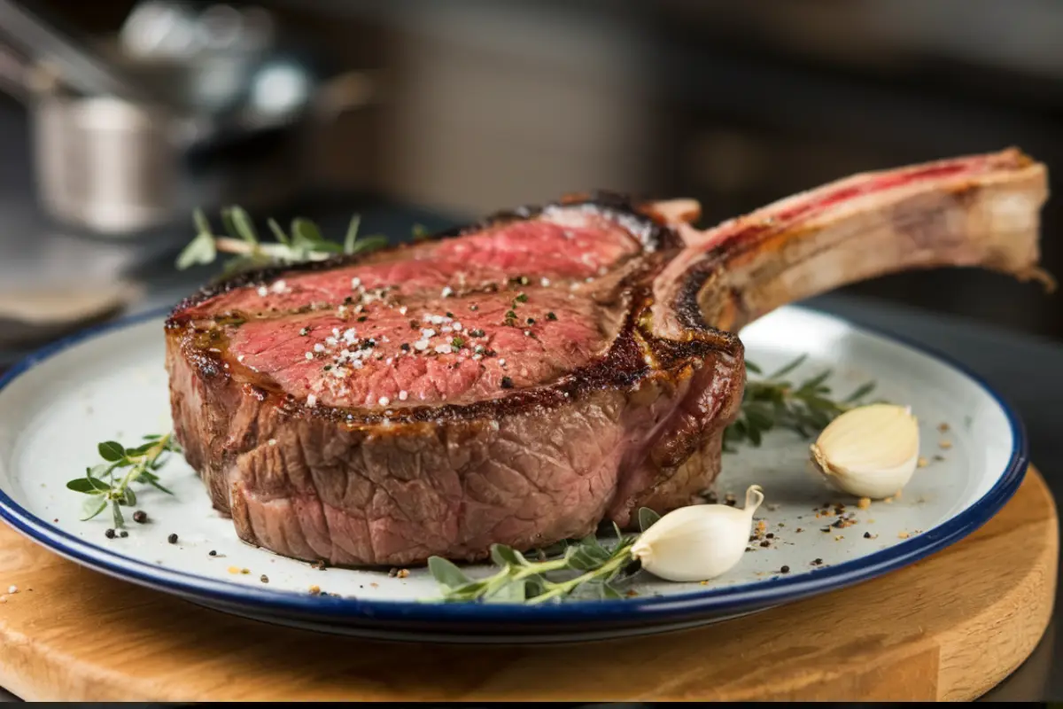 Juicy tomahawk steak cooked to medium-rare, garnished with garlic and fresh herbs on a plate