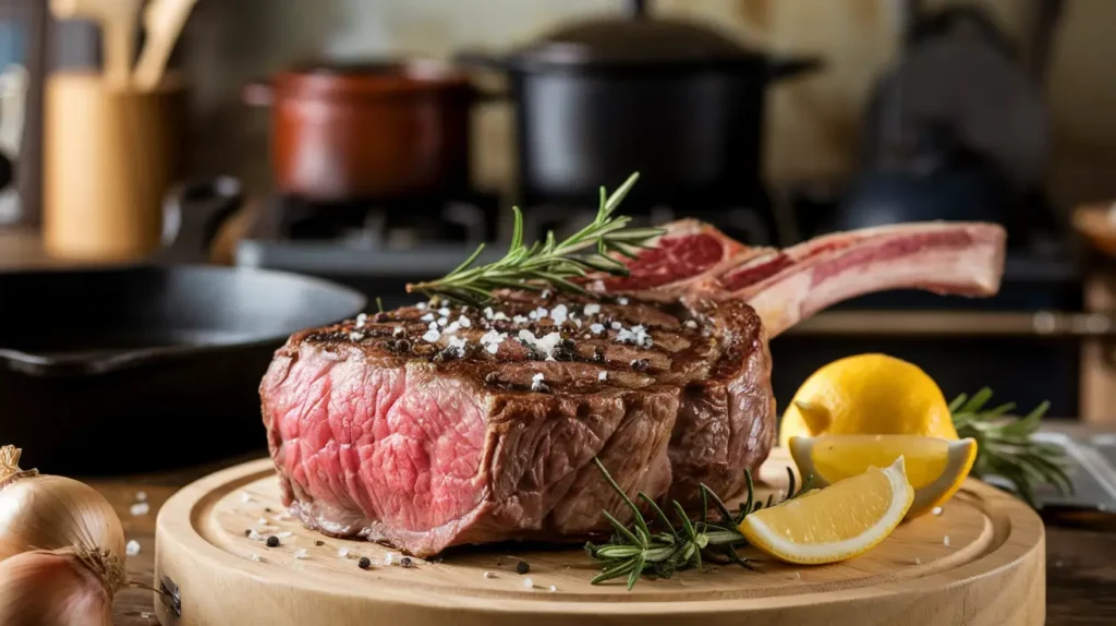 Juicy cooked tomahawk steak on a wooden board, garnished with rosemary, lemon wedges, and coarse salt