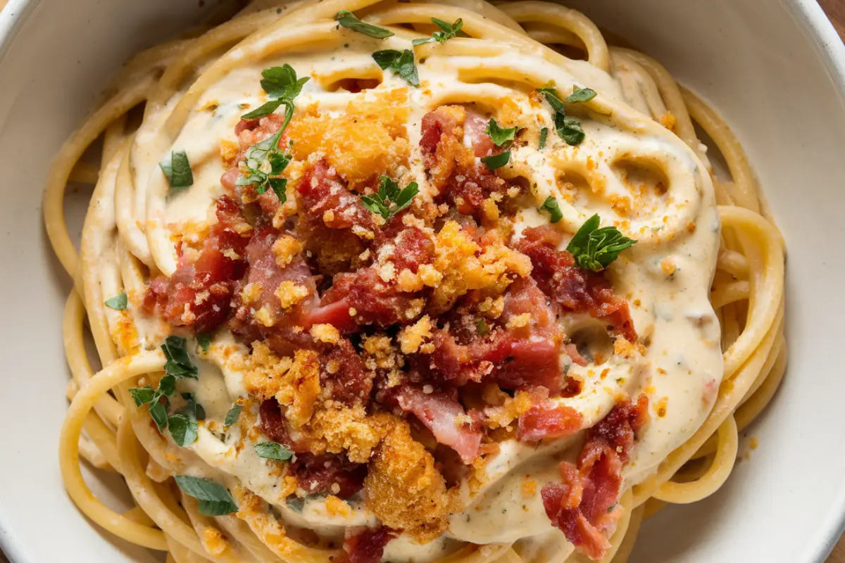 A bowl of creamy Bucatini pasta topped with crispy bacon, breadcrumbs, and fresh herbs.