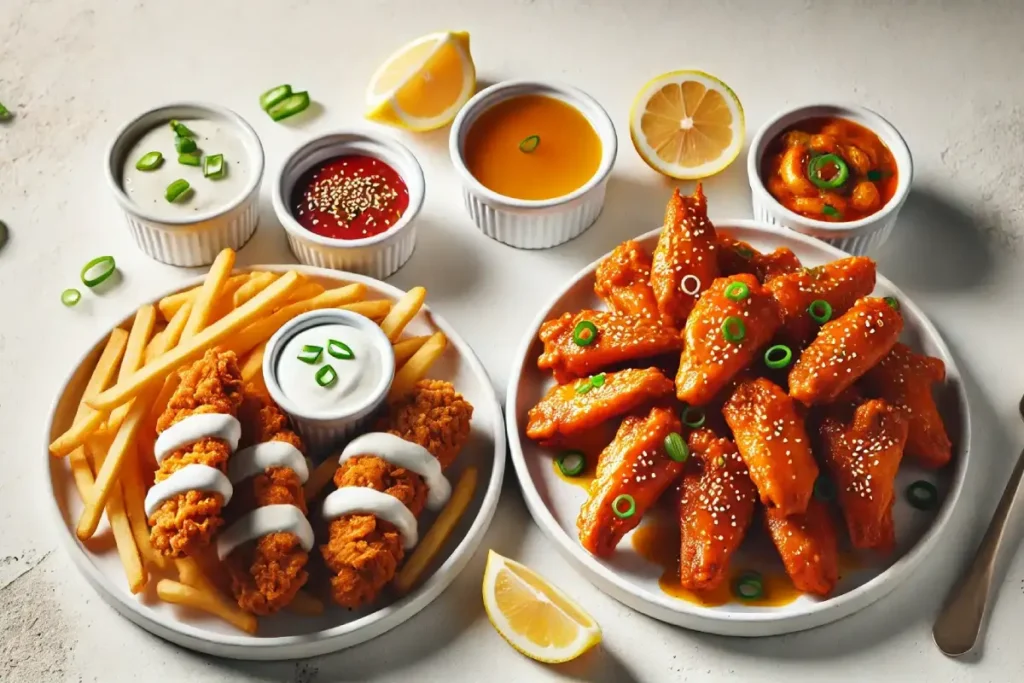 A plate of crispy chicken tenders served with dipping sauces (ranch and honey mustard) alongside a second plate of boneless chicken wings coated in spicy orange sauce, garnished with sesame seeds and green onions.