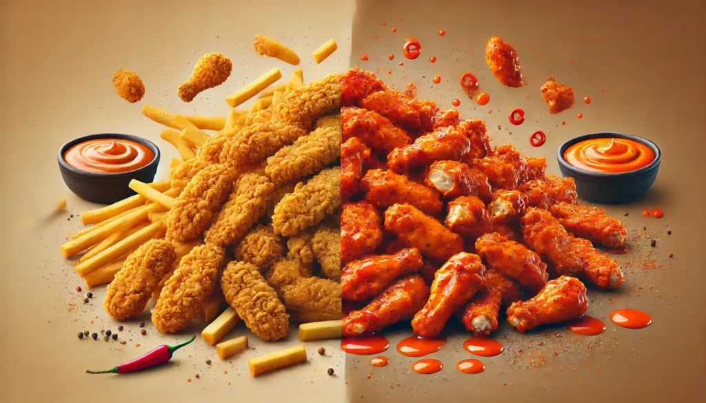 A split image showing a pile of crispy chicken tenders on the left and boneless chicken wings coated in spicy orange sauce on the right, with a continuous background.