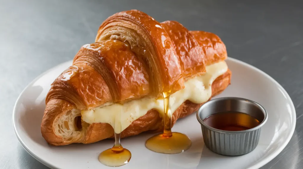 A golden croissant filled with melted cheese, drizzled with maple syrup, served on a white plate with a side of syrup.