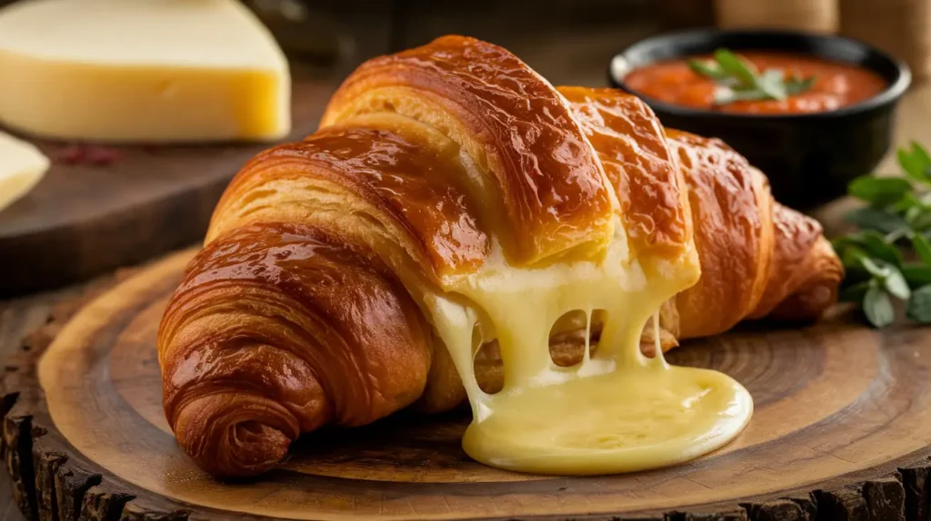 A golden croissant filled with gooey melted cheese, placed on a rustic wooden board with a bowl of tomato sauce in the background.