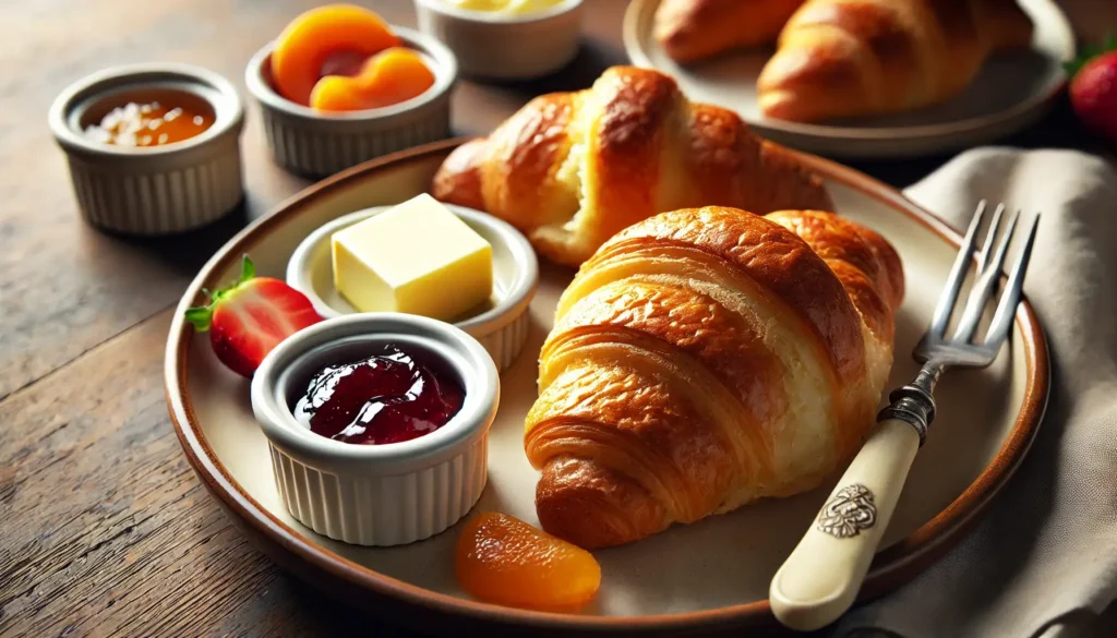 A close-up of sliced croissants on a plate with dishes of butter and jam, accompanied by a fork and fresh fruit on a rustic wooden table.