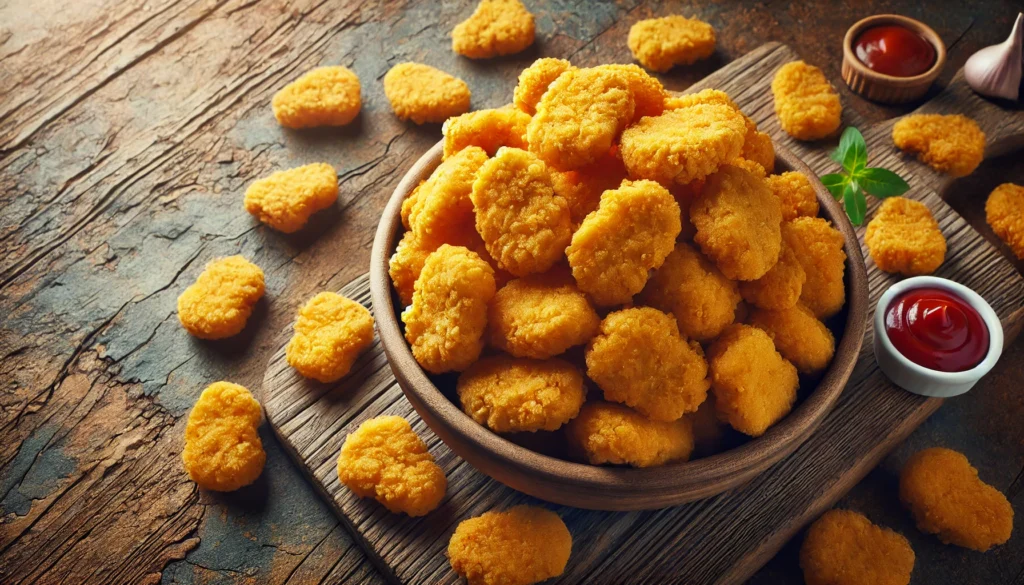 A-large-pile-of-golden-crispy-chicken-nuggets-with-no-other-items-or-garnishes.-The-background-is-a-rustic-textured-surface-like-wood-or-stone-to