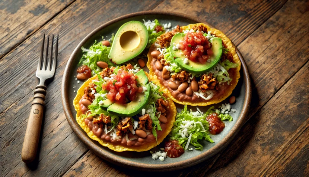 Two small huaraches on a plate topped with refried beans, carne asada, crumbled cheese, salsa, lettuce, and avocado, on a rustic wooden table.