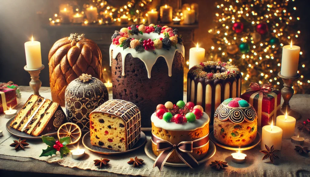 A festive Christmas table displaying a variety of cakes from different cultures, including a Panettone, Bûche de Noël, English fruitcake, and Bolo Rei, with Christmas lights and decorations in the background.