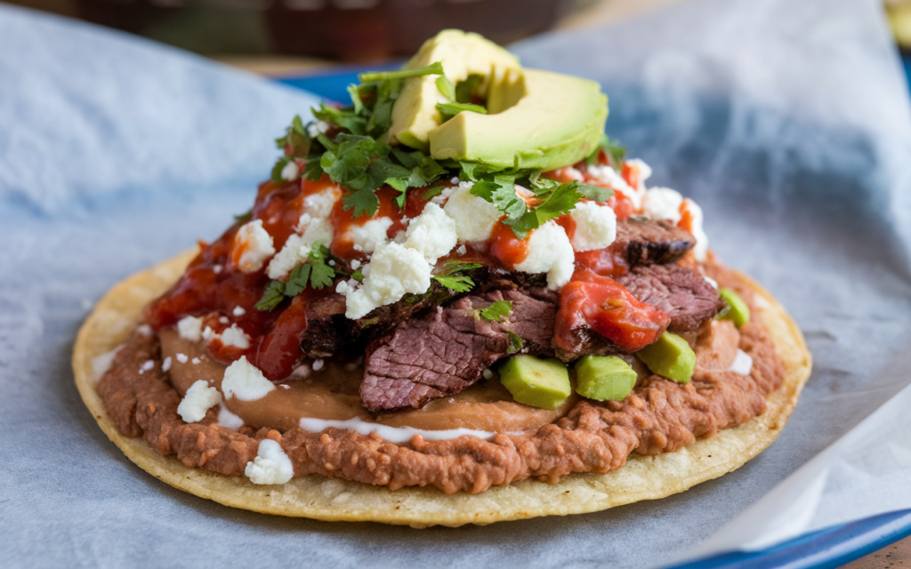 A Mexican huarache topped with refried beans, carne asada, avocado slices, queso fresco, salsa, and fresh cilantro.