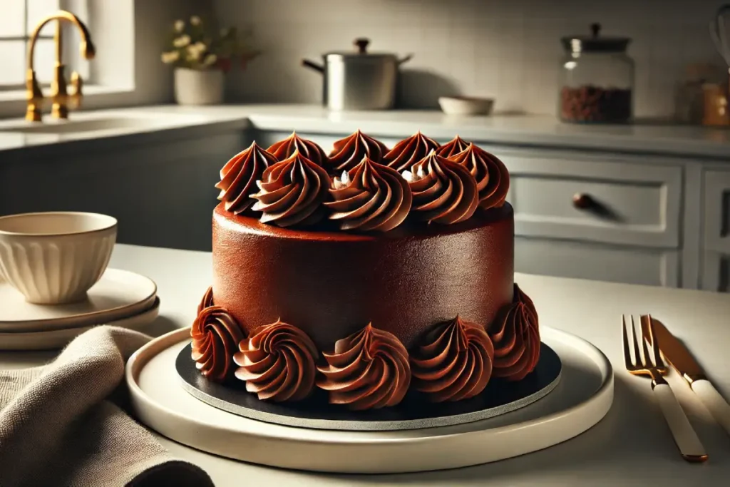 A beautifully decorated chocolate cake with rich, glossy frosting, topped with elegant swirls, displayed in a minimalist kitchen setting.