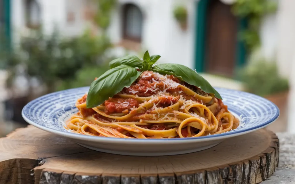 A plate of freshly prepared Linguine Positano, topped with tomato sauce, grated cheese, and fresh basil leaves, served outdoors.