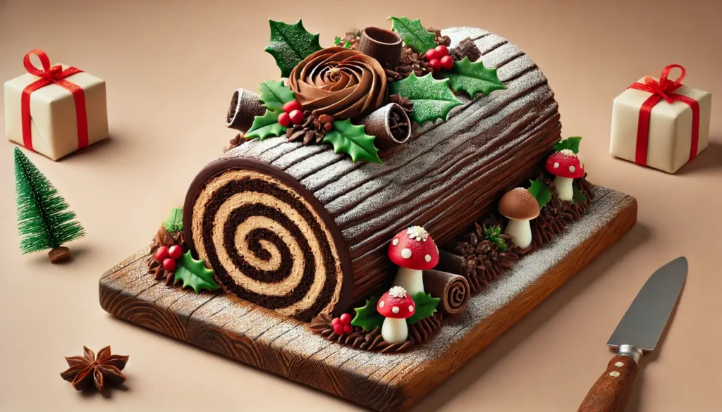 A beautifully decorated French Bûche de Noël Yule log cake with rich chocolate buttercream and visible layers of sponge cake, topped with edible holly leaves, sugar mushrooms, and powdered sugar resembling snow.