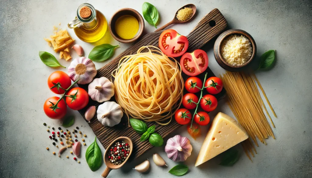 A top-down view of fresh ingredients for Linguine Positano, including uncooked linguine, garlic, tomatoes, basil, olive oil, and Pecorino Romano cheese, arranged on a wooden board.