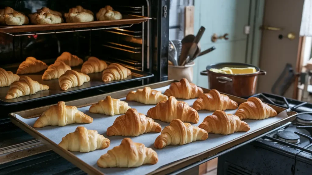 Freshly baked croissants on parchment-lined trays, cooling in a rustic kitchen with an oven in the background